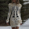 Comstylish Women's Halloween Skeleton Bones With Rose Art Cozy Knit Mini Sweater Dress