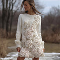 Classy White Roses Glitter Fiber Art Cozy Knit Sweater Dress artswardrobe
