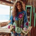 Women's Bohemian Chunky Knit Crochet Floral Ombre Sweater artswardrobe