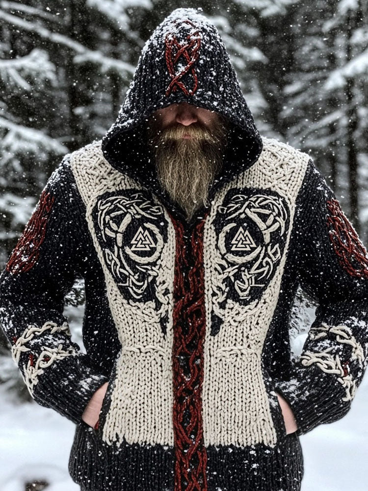 Men's Viking Valknut Celtic Jacquard Chunky Hooded Sweater artswardrobe