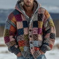 Men's Geometric Block Panel Contrast Knit Button Hooded Sweater artswardrobe