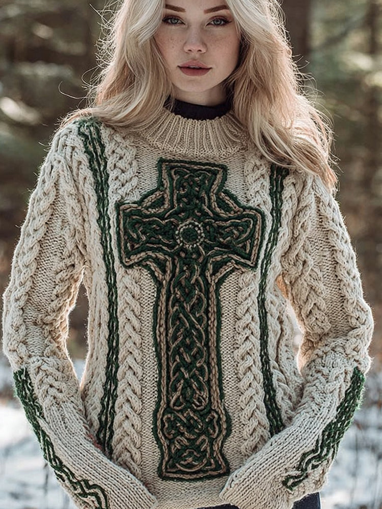 Vintage Irish Celtic Cross Round Neck Chunky Cozy Sweater artswardrobe