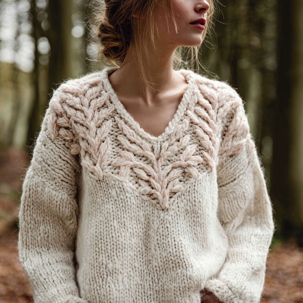 Women's Retro Leaf Knitted Warm V-neck Sweater artswardrobe