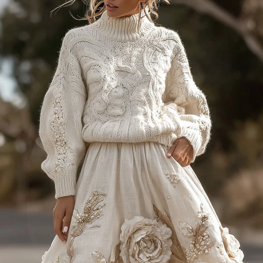 Vintage Rose Pattern Cable Knit Sweater And Linen Skirt Two-piece Set artswardrobe