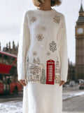 Vintage Christmas Snowy London Embroidered Sweater Dress artswardrobe