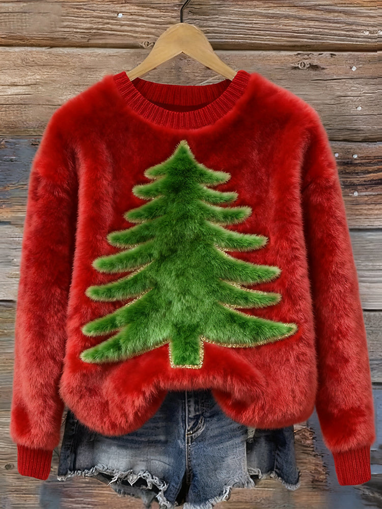 Comstylish Vintage Christmas Tree Embroidered Pullover Plush Sweater