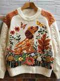 Dachshund & Butterflies Floral Embroidered Cozy Knit Sweater artswardrobe