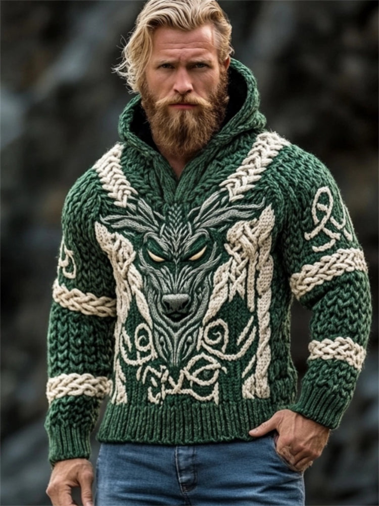 Men's Viking Wolf Celtic Cozy Chunky Hooded Sweater elevenforest
