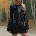 Women's Halloween Skeleton Flower Art Embroidery Cozy Knit Mini Sweater Dress artswardrobe