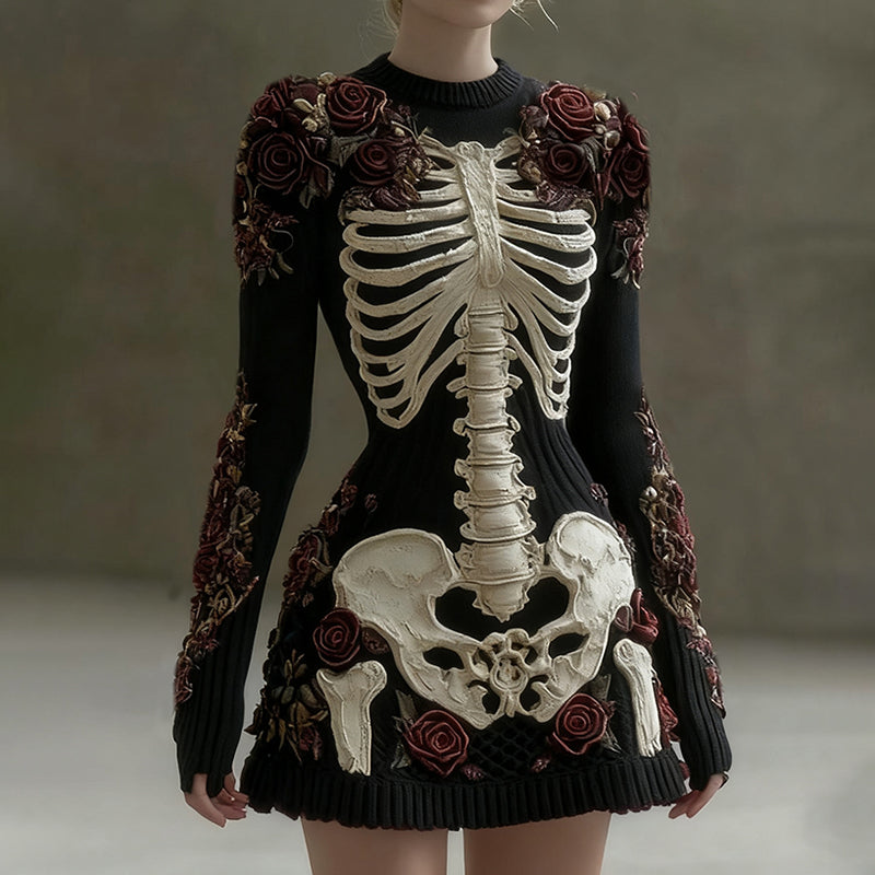 Comstylish Women's Vintage Rose Skull Cozy Knit Mini Sweater Dress
