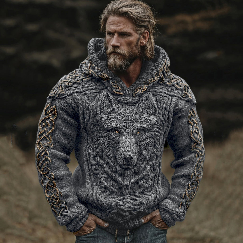 Men's Viking Wolf Celtic Knot Jacquard Knitted Hooded Sweater artswardrobe