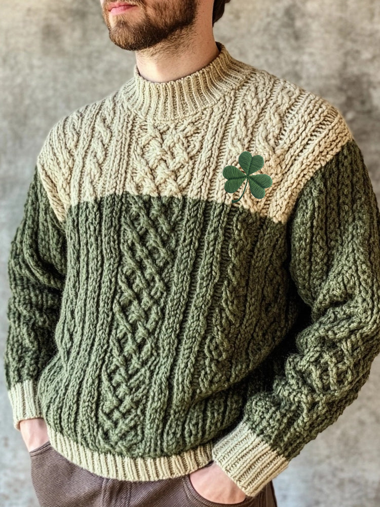 Men's Shamrock Embroidered Celtic Jacquard Contrast Color Sweater artswardrobe