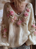 Boho Floral Pearl Embellished Embroidered Vintage Women's V-neck Sweater artswardrobe