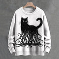 Men's Octopus And Black Cat Print Knit Cozy Sweater elevenforest