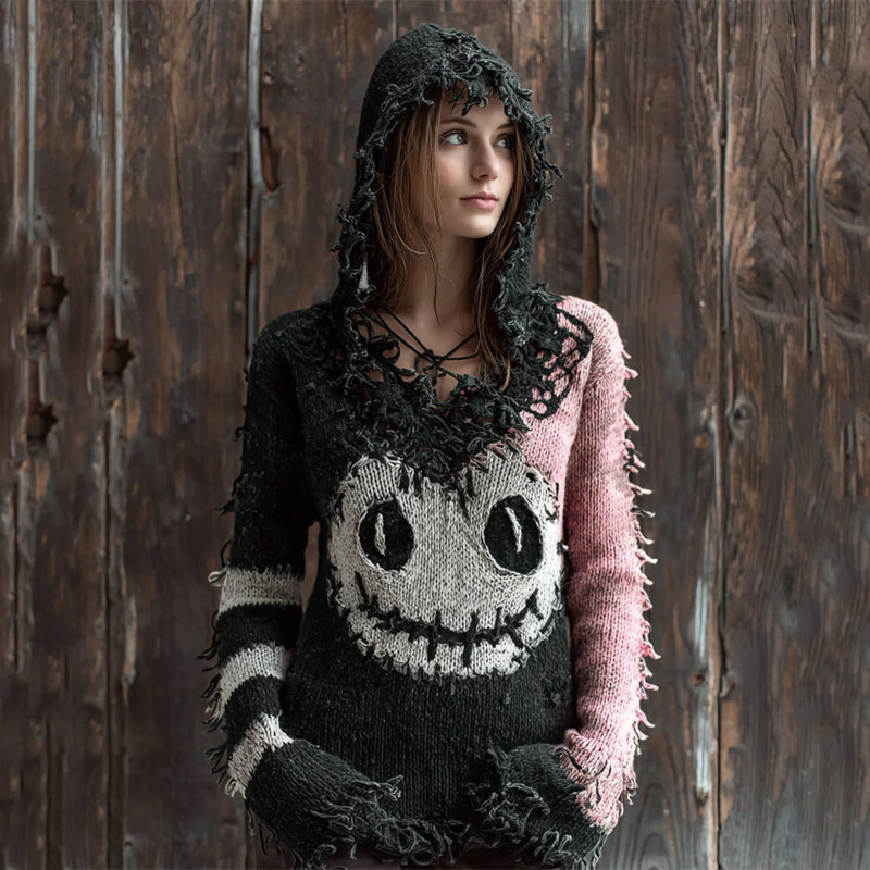 Halloween Spooky Face Contrast Distressed Knit Hooded Sweater elevenforest