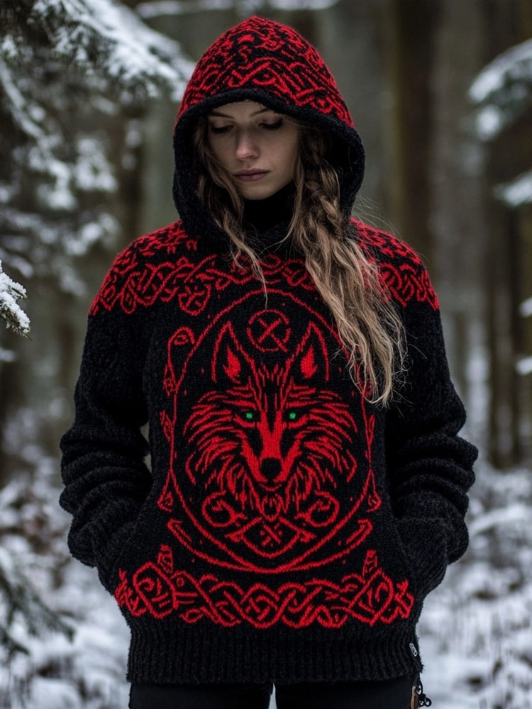 Viking Wolf Inspired Celtic Jacquard Cozy Hooded Sweater artswardrobe