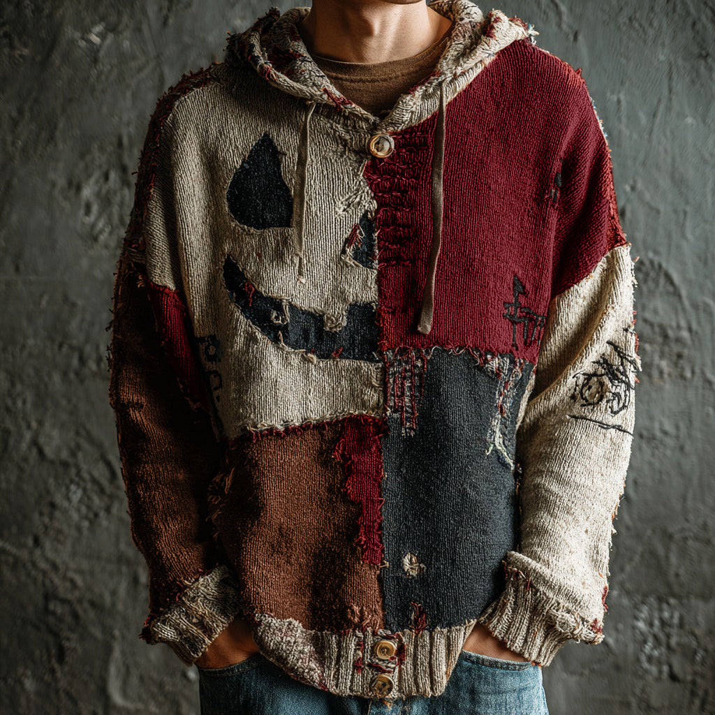 Men's Halloween Pumpkin Face Colorblock Stitched Cozy Knit Hooded Sweater artswardrobe