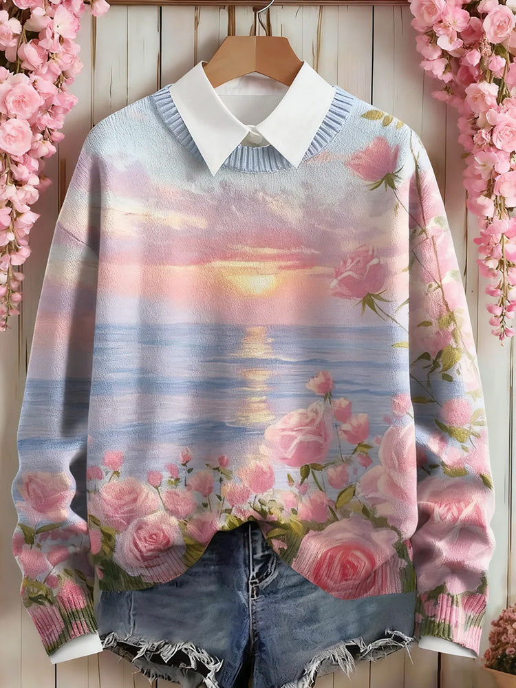 Women's Pink Floral Art Print Sweater