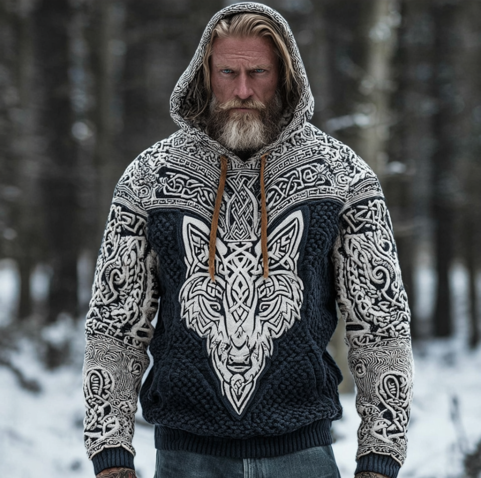 Men's Hooded Thick Sweater With Viking Style Tribal Totem And Wolf Totem Patterns artswardrobe