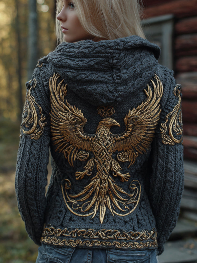Women's Viking Golden Phoenix Embroidery Navy Blue Vintage Hooded Sweater elevenforest
