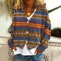 Vintage Icelandic Pattern V Neck Cozy Button Sweater elevenforest
