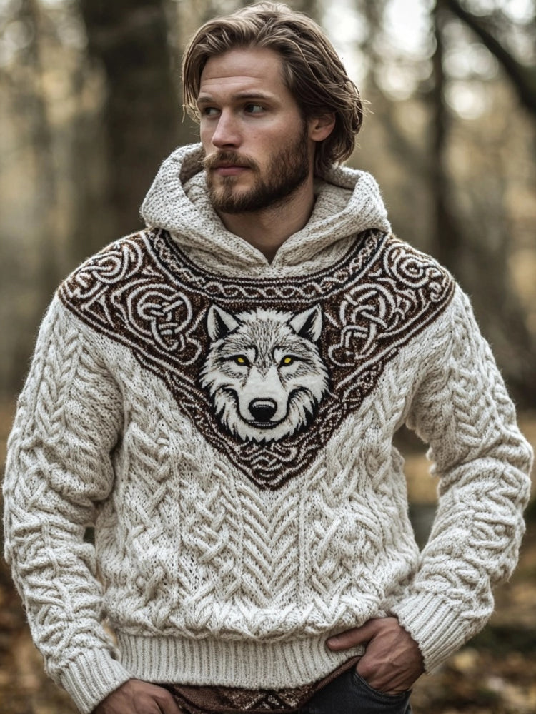 Men's Viking Wolf Celtic Jacquard Chunky Hooded Sweater artswardrobe