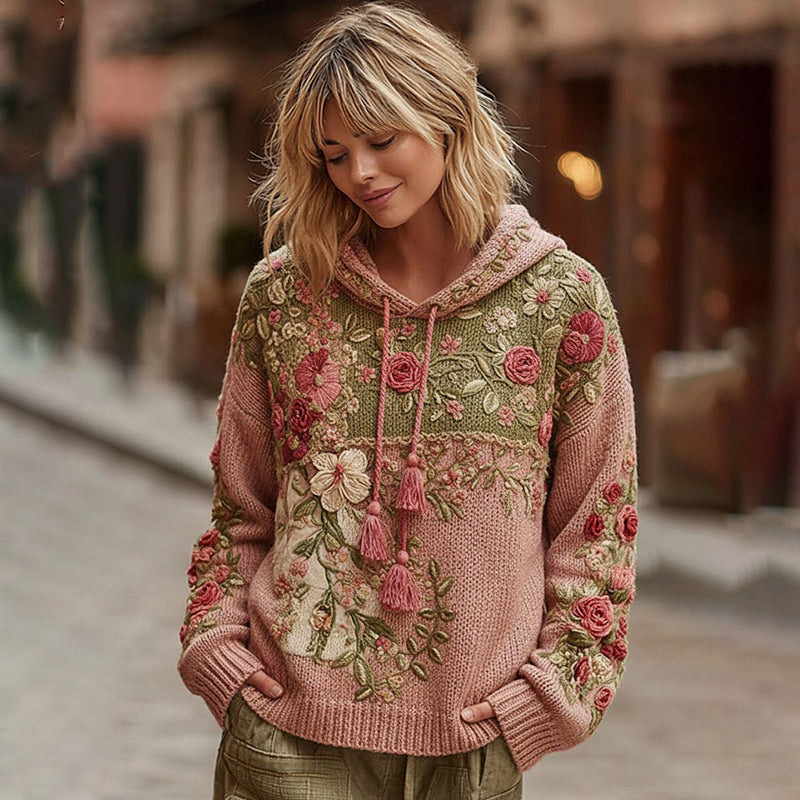 Comstylish Women's Vintage Rose Floral Patchwork Cozy Knit Sweater Hooded