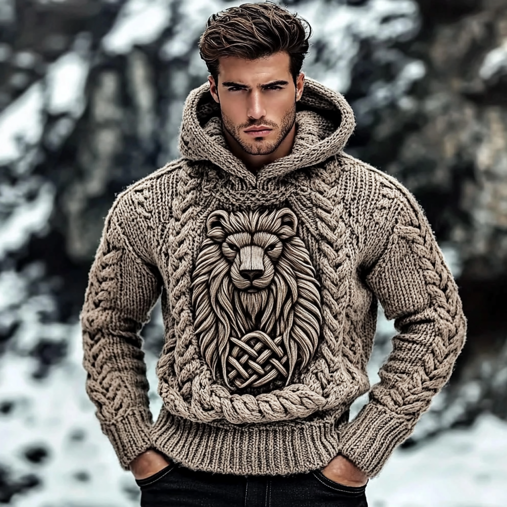 Men's Vintage Viking Lion Jacquard Knit Hooded Sweater artswardrobe
