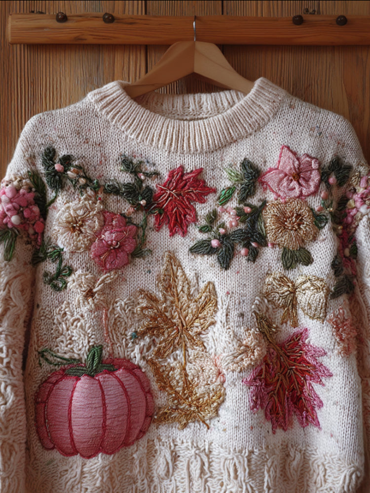 Comstylish Pumpkin And Maple Leaf Plush Warm Round Neck Sweater