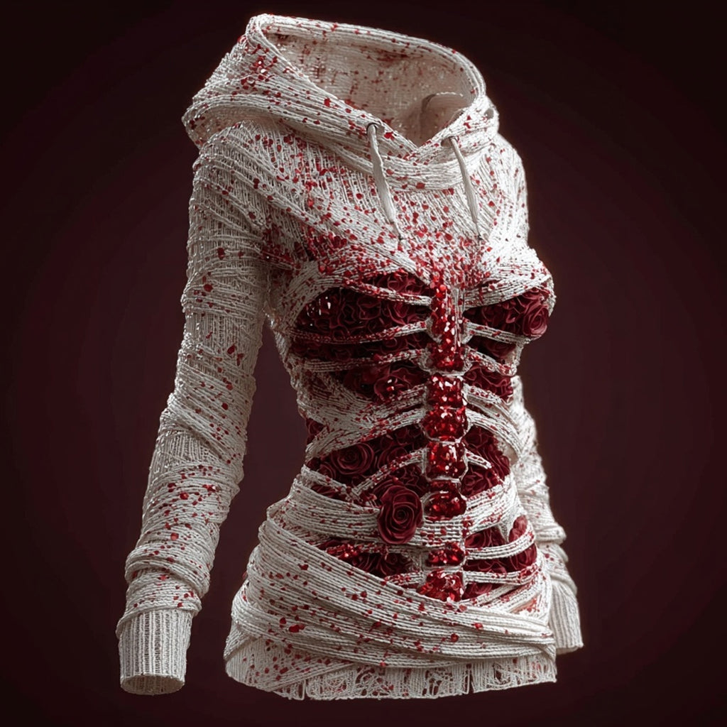 Comstylish Classy Skeleton Bloody Roses Bandages Hooded Sweater