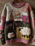Comstylish Vintage Farm Sheep Floral Colorblock Cozy Knit Sweater