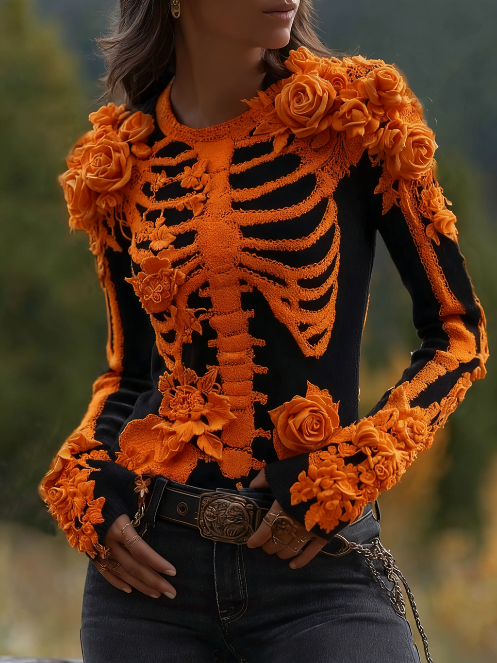 Women's Halloween Skeleton Bones With Roses Art Knitted Warm Sweater artswardrobe