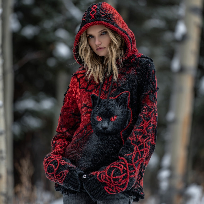 Comstylish Women's Tribal Black Cat Gradient Art Chunky Knit Hooded Sweater