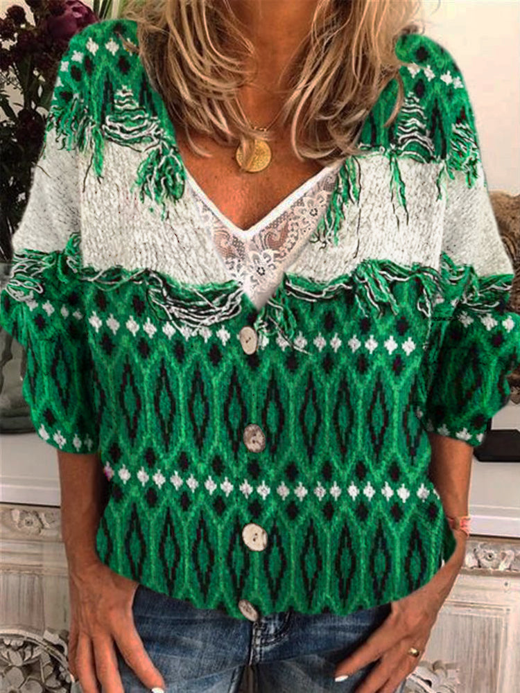 Lattice Fringed Women's Icelandic Sweater artswardrobe