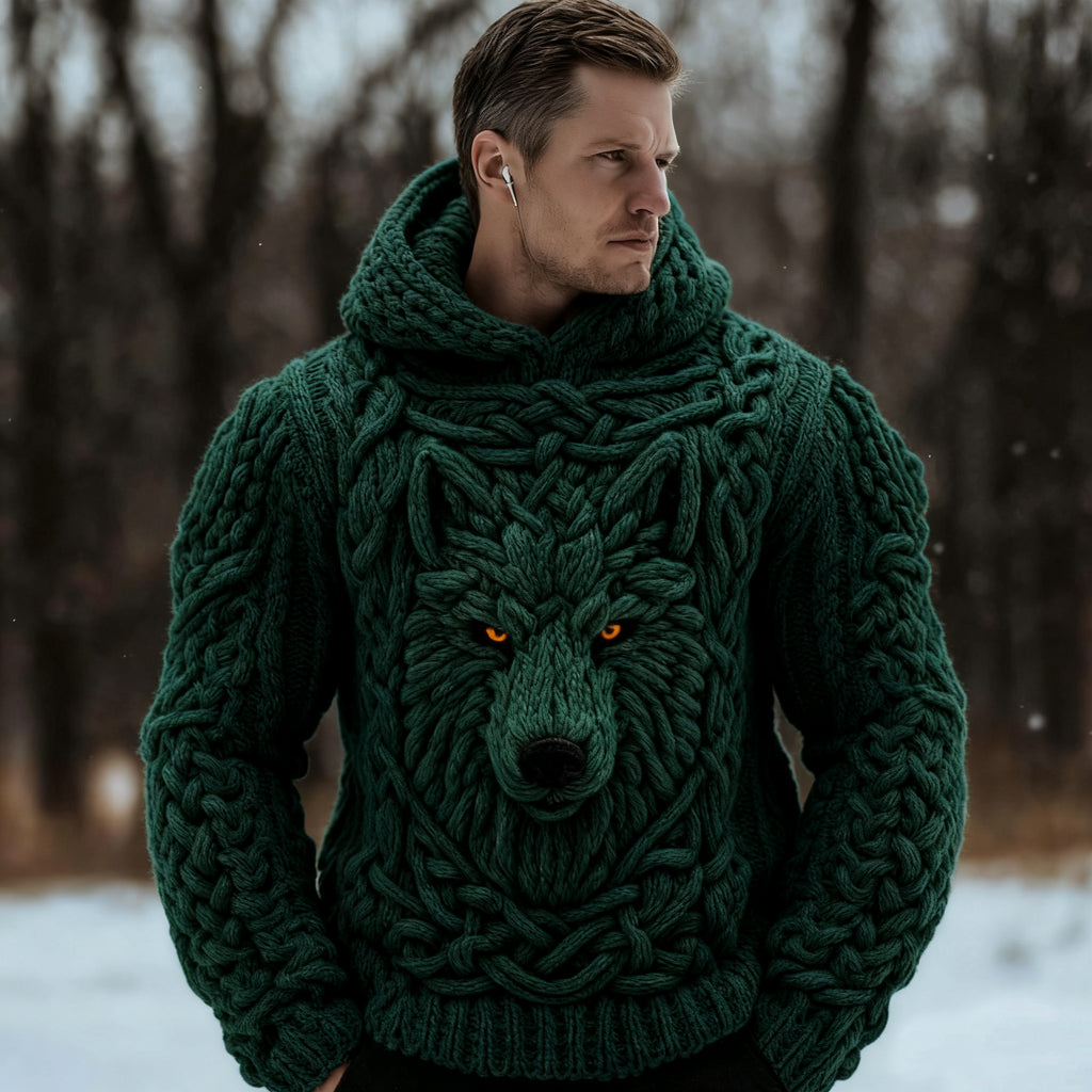 Men's Viking Celtic Wolf Knit Chunky Hooded Sweater artswardrobe