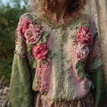 Cottage Pink Roses Crochet Embroidered Colorblock Cozy Sweater artswardrobe