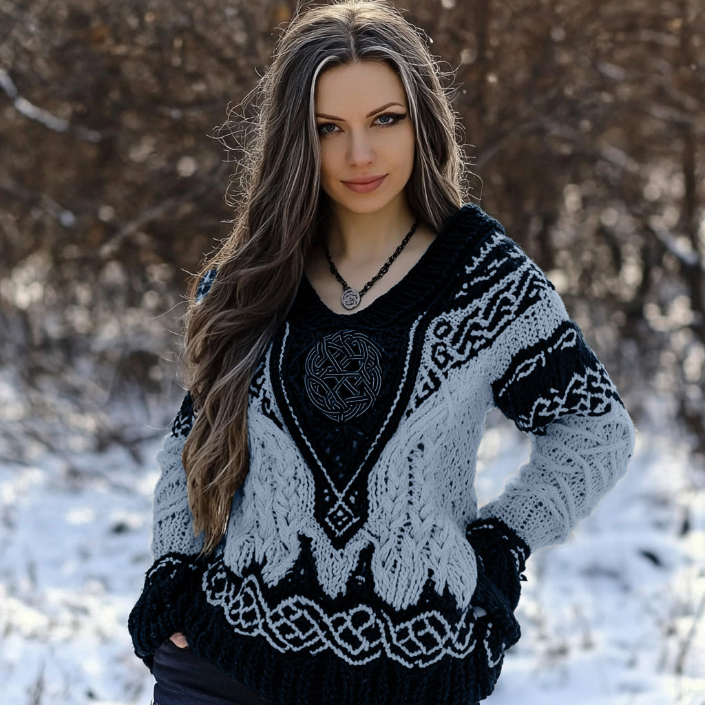 Women's Viking Rune Knit Jacquard V-neck Sweater artswardrobe