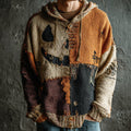 Men's Halloween Pumpkin Face Colorblock Stitched Cozy Knit Hooded Sweater artswardrobe