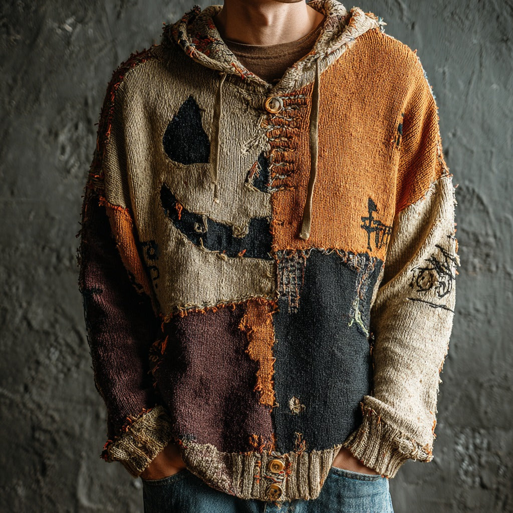 Men's Halloween Pumpkin Face Colorblock Stitched Cozy Knit Hooded Sweater artswardrobe