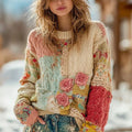 Women's Vintage Chunky Needle Rose Floral Stitching Warm Crew Neck Sweater artswardrobe