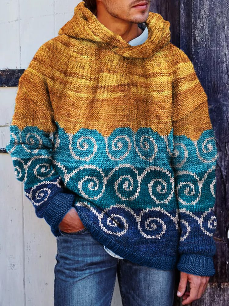 Men's Japanese Sea Waves Colorblock Cozy Knit Hooded Sweater artswardrobe