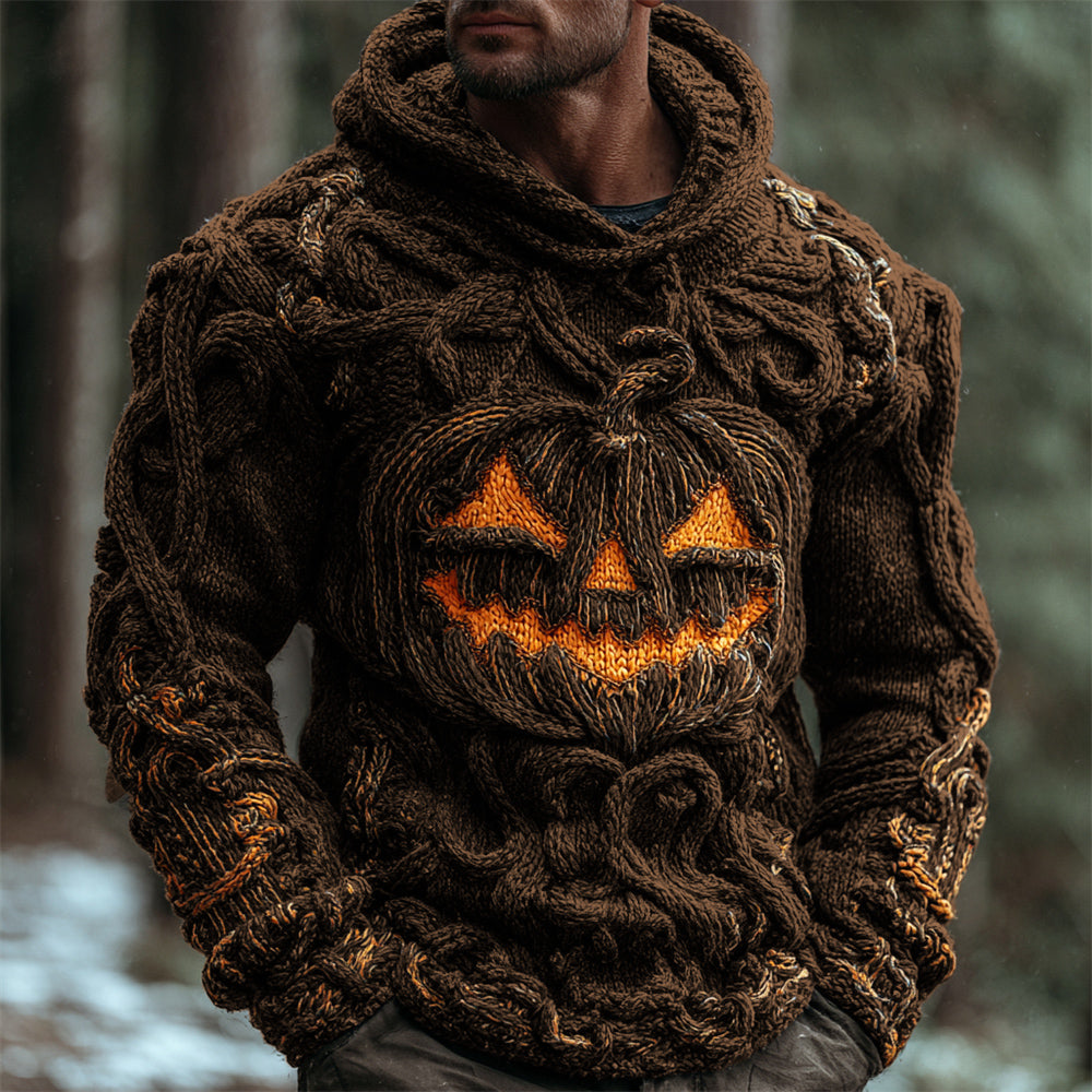 Halloween Pumpkin Emoji Men's Chunky Knit Hooded Sweater elevenforest
