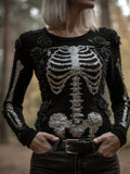Women's Halloween Skeleton Rose Round Neck Sweater artswardrobe