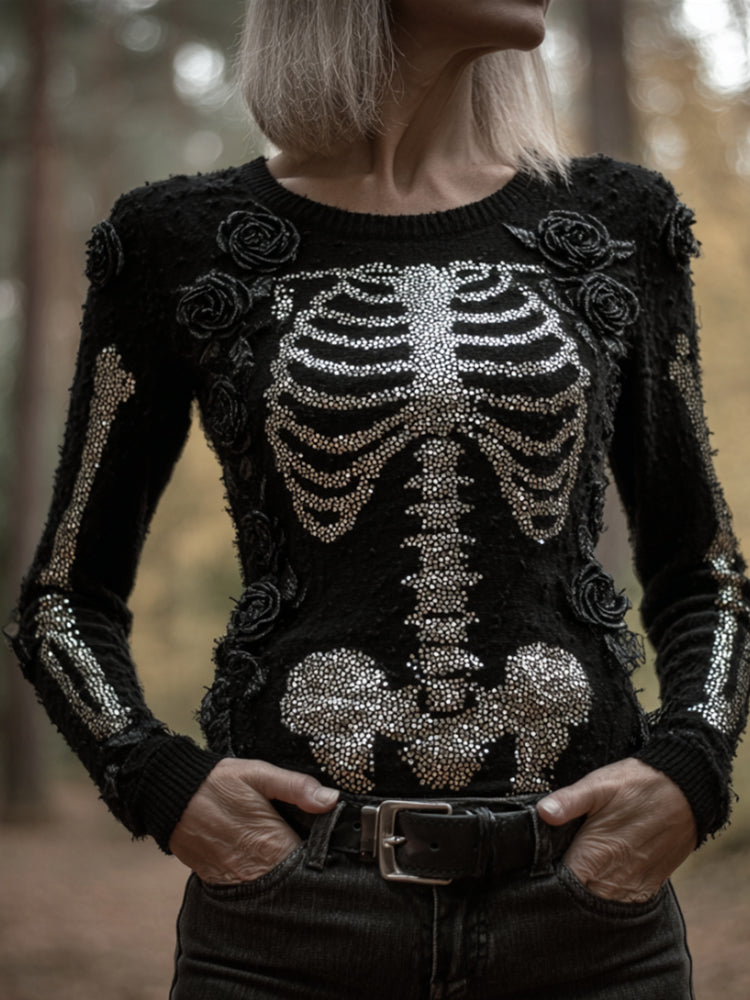 Comstylish Women's Halloween Skeleton Rose Round Neck Sweater