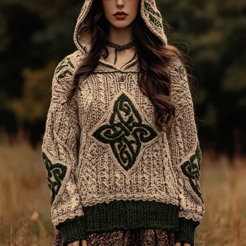 Women's Irish Pattern Jacquard Pocket Hooded Sweater artswardrobe