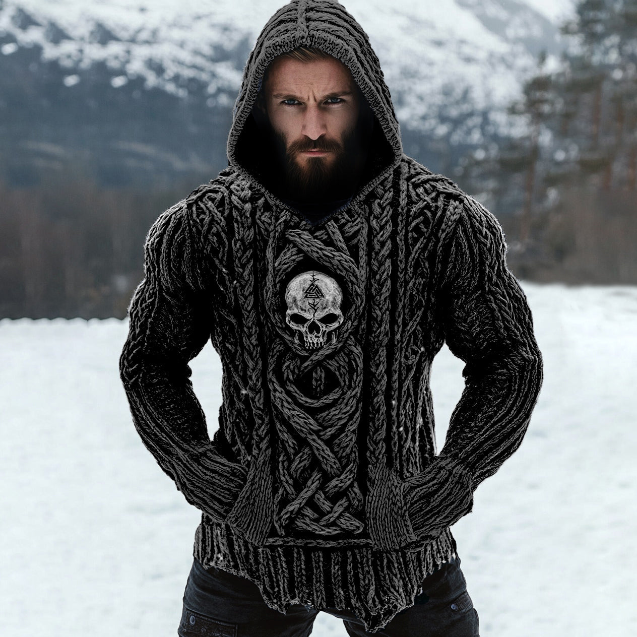 Men's Viking Tribal Skull Rune Celtic Inspired Knit Hooded Sweater artswardrobe