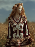 Comstylish Ladies' V-neck Knitted Sweater With Halloween-themed Line Art And Botanical Floral Design.
