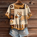 Comstylish Vintage Corgi Dog With Felt In Autumn Inspired Embroidered Short Sleeve Cozy Knit Sweater