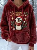 Christmas Penguin Design Women's Flannel Hooded Sweater