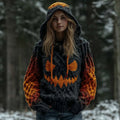 Women's Halloween Spooky Pumpkin Art Gradient Vintage Cozy Knit Hooded Sweater artswardrobe